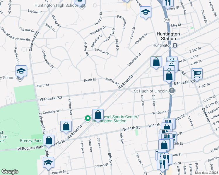 map of restaurants, bars, coffee shops, grocery stores, and more near 159 West Pulaski Road in Huntington Station