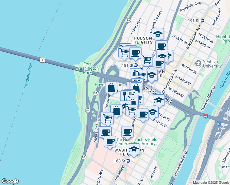 map of restaurants, bars, coffee shops, grocery stores, and more near 830 West 177th Street in New York