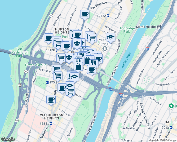map of restaurants, bars, coffee shops, grocery stores, and more near 535 West 180th Street in New York
