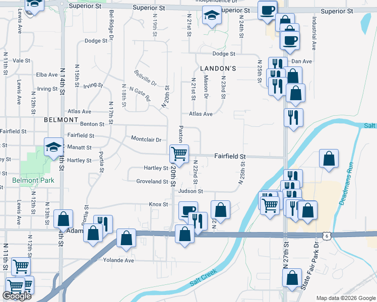 map of restaurants, bars, coffee shops, grocery stores, and more near 2100 Fairfield Street in Lincoln