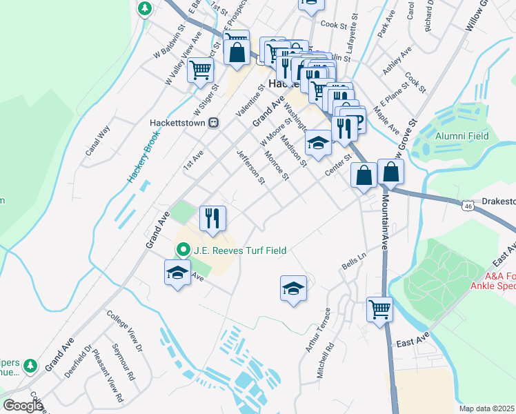 map of restaurants, bars, coffee shops, grocery stores, and more near 511 Plane Street in Hackettstown