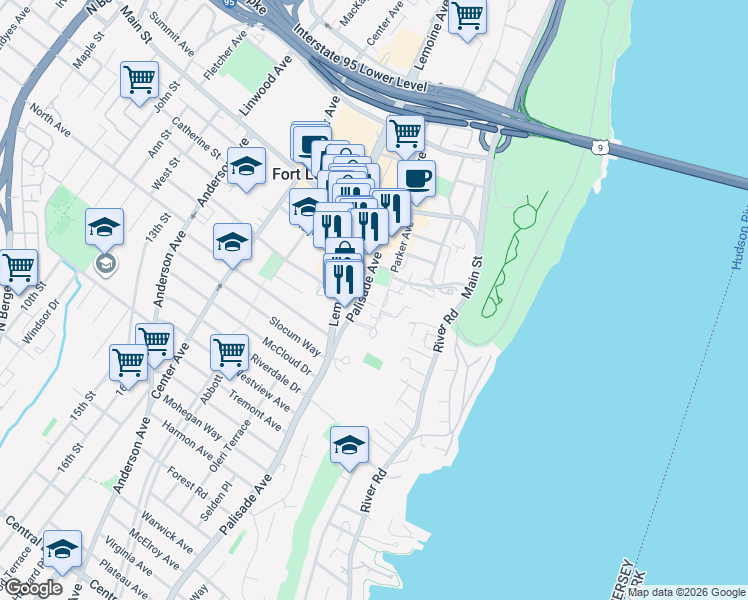 map of restaurants, bars, coffee shops, grocery stores, and more near 1576 Palisade Avenue in Fort Lee