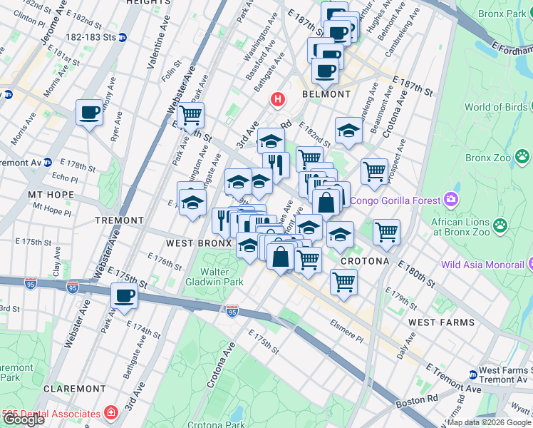 map of restaurants, bars, coffee shops, grocery stores, and more near 2023 Hughes Avenue in Bronx