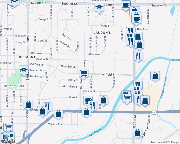 map of restaurants, bars, coffee shops, grocery stores, and more near 2100 Fairfield Street in Lincoln