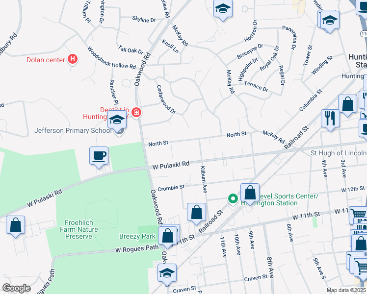 map of restaurants, bars, coffee shops, grocery stores, and more near 66 North Street in Huntington Station