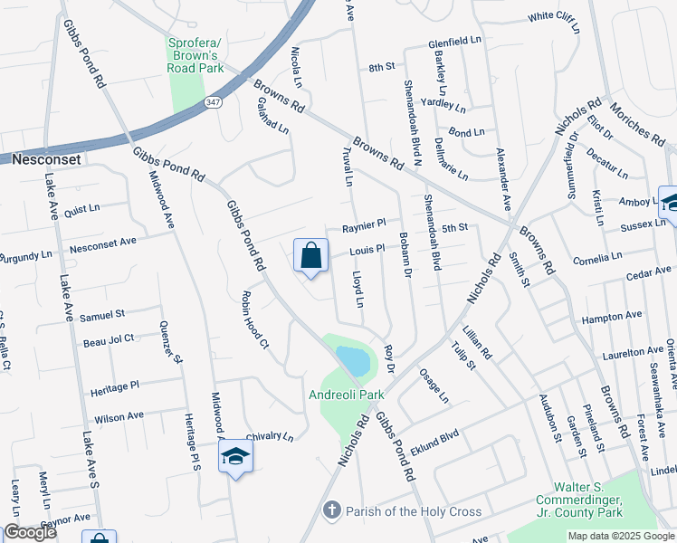 map of restaurants, bars, coffee shops, grocery stores, and more near 45 Roy Drive in Nesconset