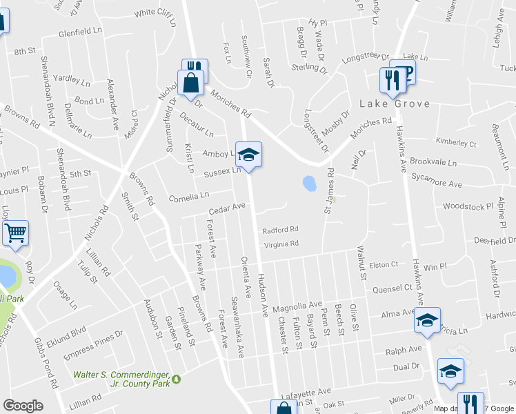 map of restaurants, bars, coffee shops, grocery stores, and more near 3 Phillips Lane in Lake Grove