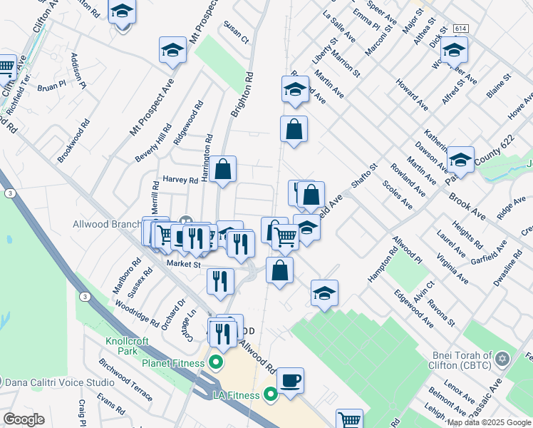 map of restaurants, bars, coffee shops, grocery stores, and more near 107 Mayer Drive in Clifton