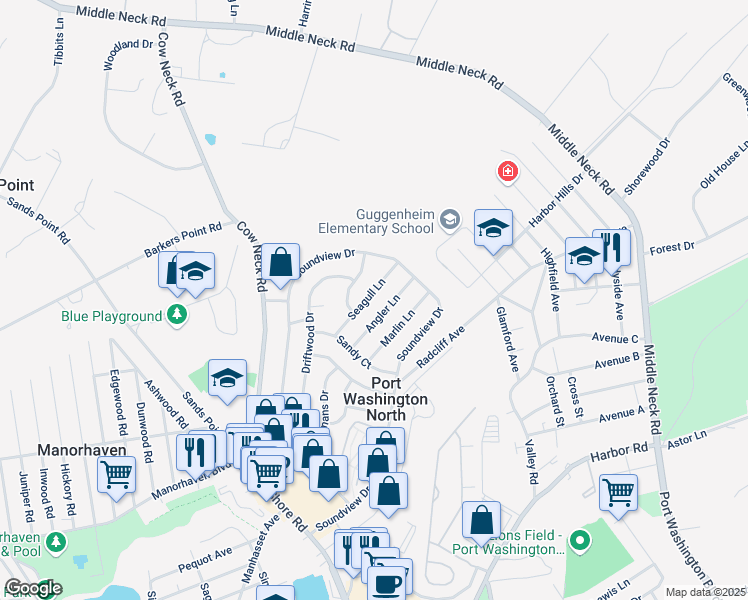 map of restaurants, bars, coffee shops, grocery stores, and more near 22 Sea Gull Lane in Port Washington