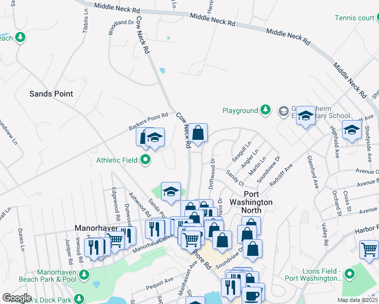 map of restaurants, bars, coffee shops, grocery stores, and more near Port Drive in Port Washington