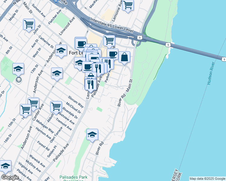 map of restaurants, bars, coffee shops, grocery stores, and more near 1600 Parker Avenue in Fort Lee
