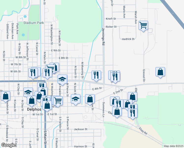 map of restaurants, bars, coffee shops, grocery stores, and more near 645 East 6th Street in Delphos