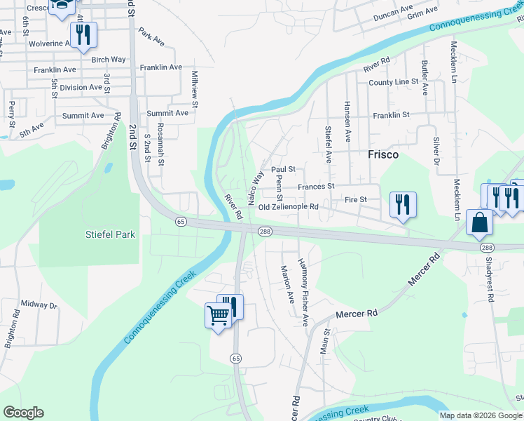 map of restaurants, bars, coffee shops, grocery stores, and more near 517 Old Zelienople Road in Ellwood City