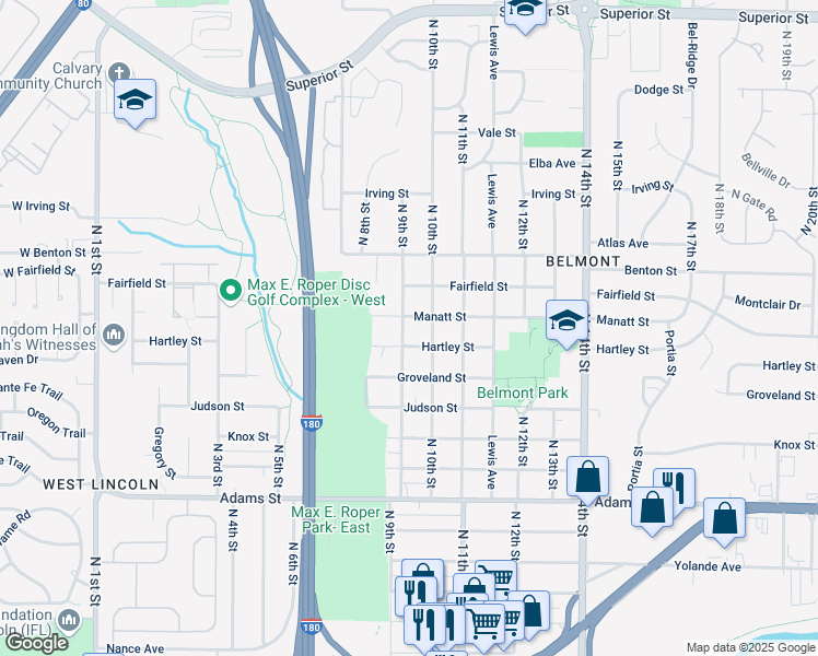 map of restaurants, bars, coffee shops, grocery stores, and more near 3630 North 9th Street in Lincoln