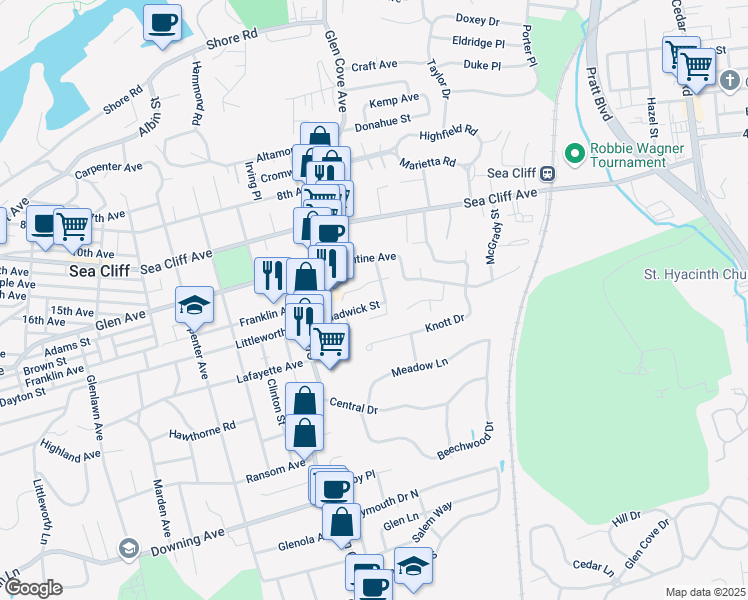 map of restaurants, bars, coffee shops, grocery stores, and more near 23 Chadwick Street in Glen Cove