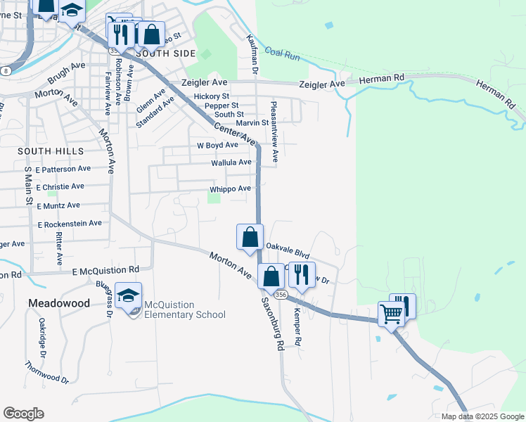 map of restaurants, bars, coffee shops, grocery stores, and more near 1019 Center Avenue in Butler