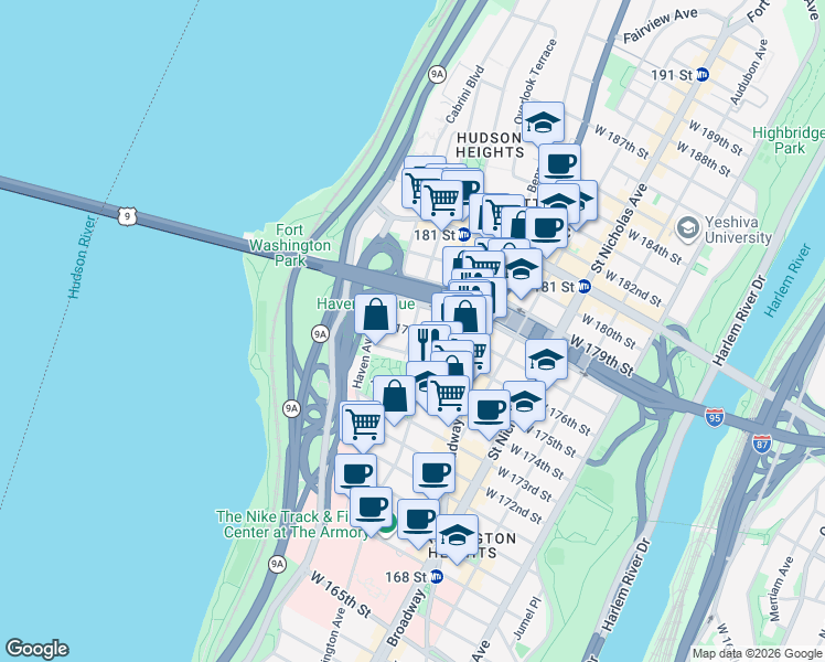 map of restaurants, bars, coffee shops, grocery stores, and more near Pinehurst Ave & W 177th St in New York