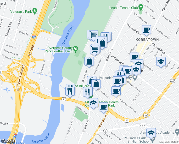 map of restaurants, bars, coffee shops, grocery stores, and more near 41 Prospect Street in Palisades Park