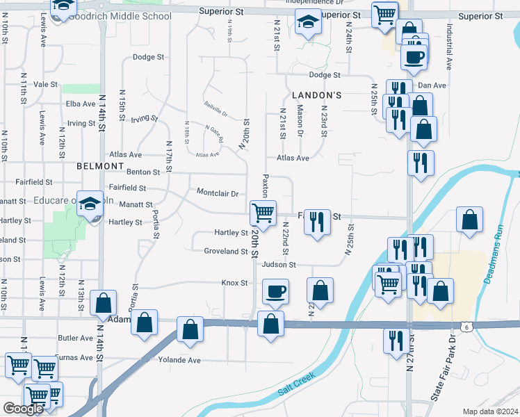 map of restaurants, bars, coffee shops, grocery stores, and more near 3701 Paxton Drive in Lincoln