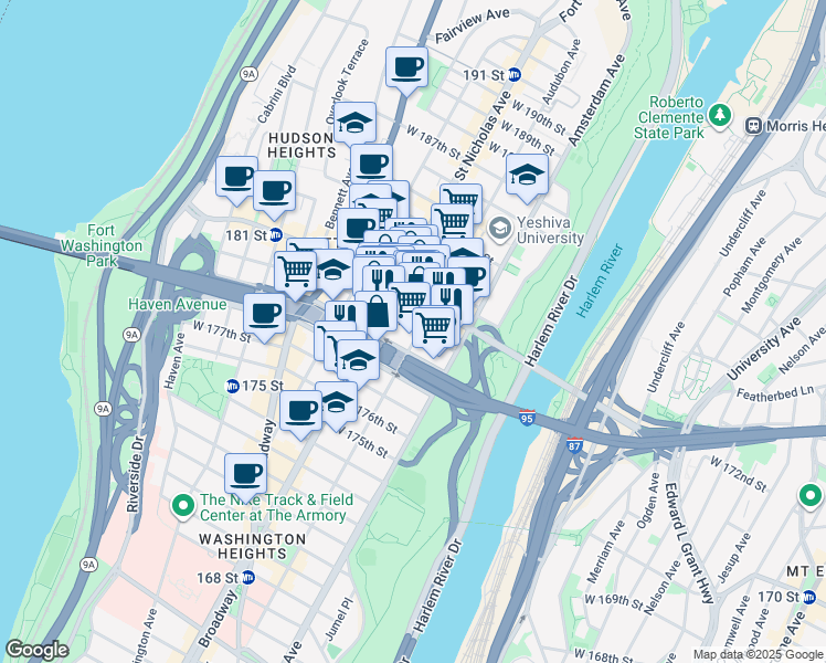 map of restaurants, bars, coffee shops, grocery stores, and more near 1404 Saint Nicholas Avenue in New York