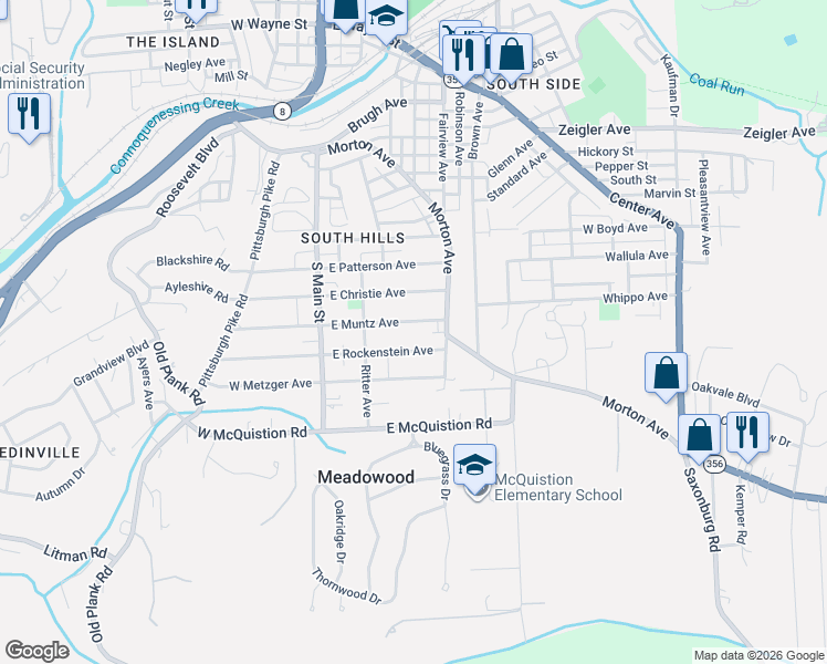 map of restaurants, bars, coffee shops, grocery stores, and more near 223 East Muntz Avenue in Butler