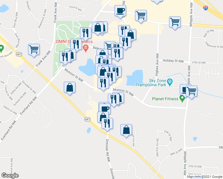 map of restaurants, bars, coffee shops, grocery stores, and more near 4601 Dressler Road Northwest in Canton