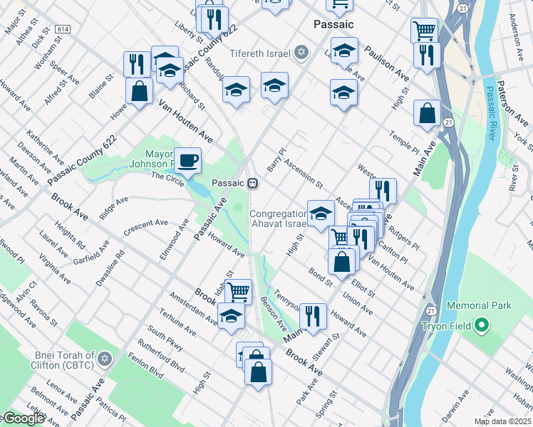 map of restaurants, bars, coffee shops, grocery stores, and more near 89 Reid Avenue in Passaic