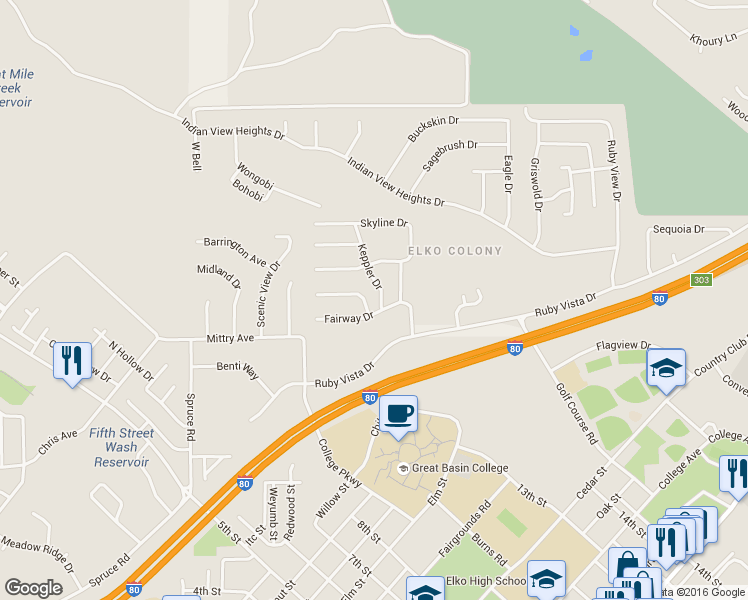 map of restaurants, bars, coffee shops, grocery stores, and more near 235 Keppler Drive in Elko