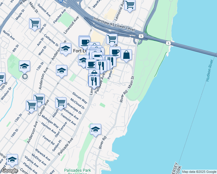map of restaurants, bars, coffee shops, grocery stores, and more near 1600 Parker Avenue in Fort Lee