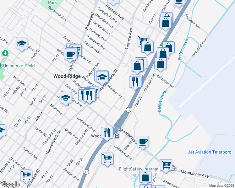 map of restaurants, bars, coffee shops, grocery stores, and more near 540 Windsor Road in Wood-Ridge