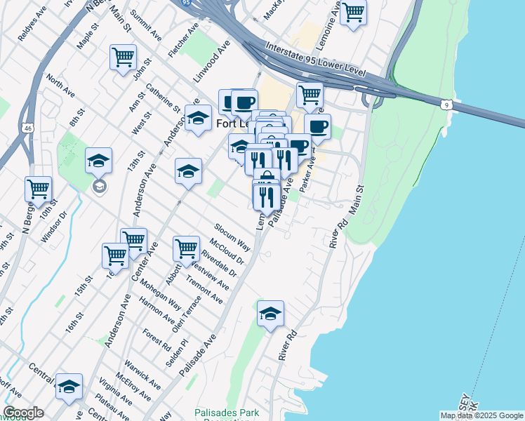 map of restaurants, bars, coffee shops, grocery stores, and more near 1565 Lemoine Avenue in Fort Lee