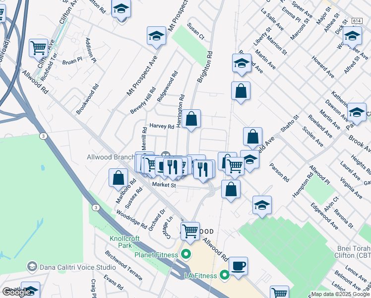map of restaurants, bars, coffee shops, grocery stores, and more near 89 Brighton Road in Clifton