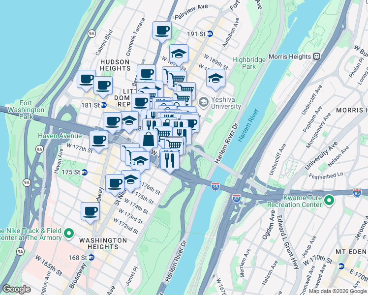map of restaurants, bars, coffee shops, grocery stores, and more near 500 West 181st Street in New York