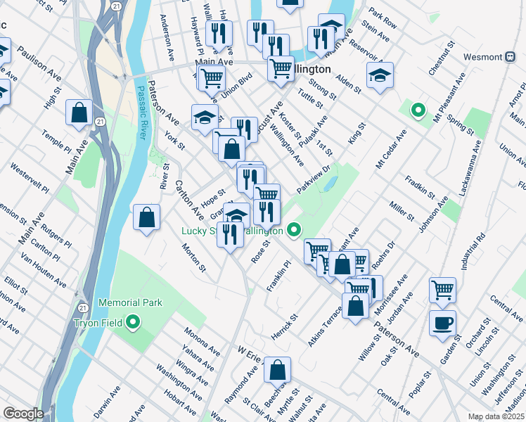 map of restaurants, bars, coffee shops, grocery stores, and more near 125 Paterson Avenue in Wallington