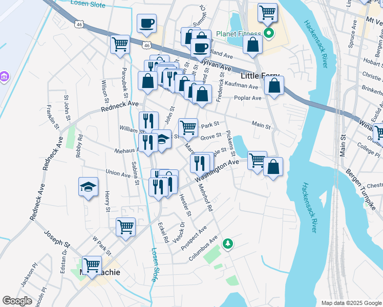 map of restaurants, bars, coffee shops, grocery stores, and more near 49 Marshall Avenue in Little Ferry