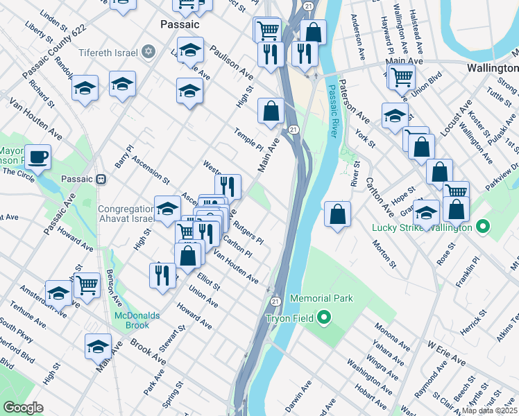 map of restaurants, bars, coffee shops, grocery stores, and more near 37 Westervelt Place in Passaic