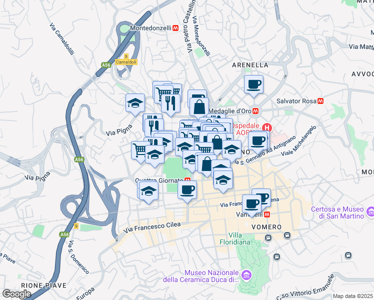 map of restaurants, bars, coffee shops, grocery stores, and more near 5 Via Gioacchino Rossini in Naples