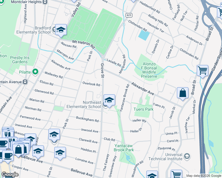 map of restaurants, bars, coffee shops, grocery stores, and more near 11 Kenneth Road in Montclair