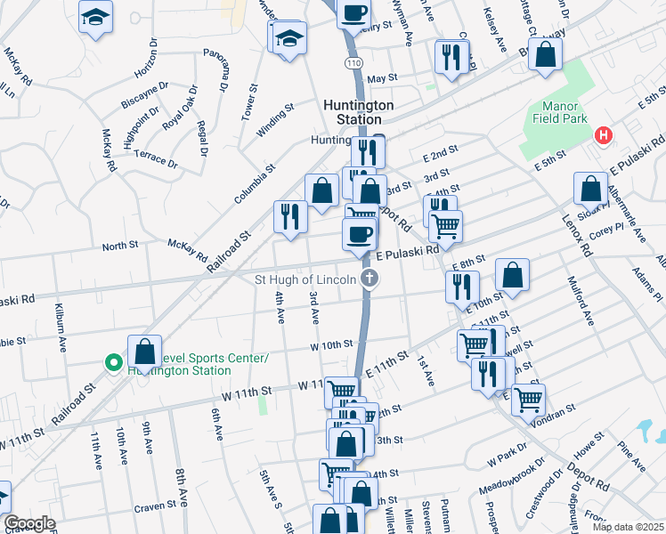 map of restaurants, bars, coffee shops, grocery stores, and more near 36 West Pulaski Road in Huntington Station