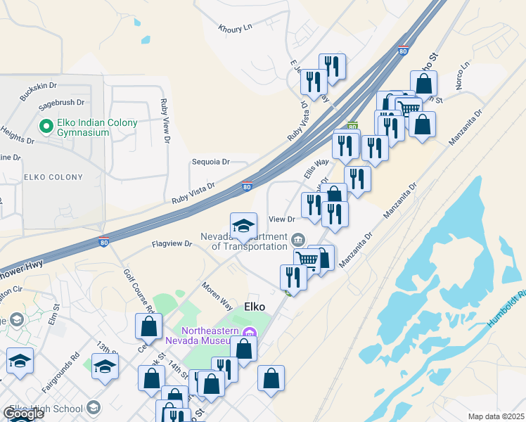 map of restaurants, bars, coffee shops, grocery stores, and more near 901 Country Club Drive in Elko