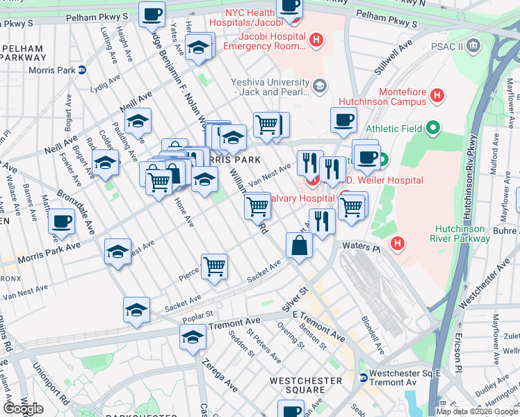 map of restaurants, bars, coffee shops, grocery stores, and more near 1632 Williamsbridge Road in Bronx