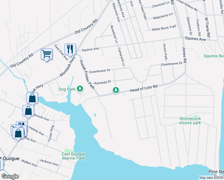 map of restaurants, bars, coffee shops, grocery stores, and more near 7 Coolidge Lane in East Quogue