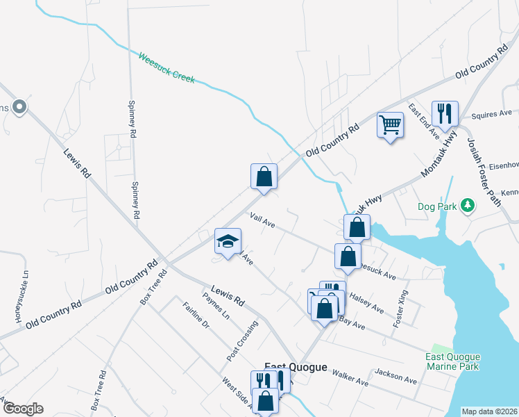 map of restaurants, bars, coffee shops, grocery stores, and more near 83 Old Country Road in East Quogue
