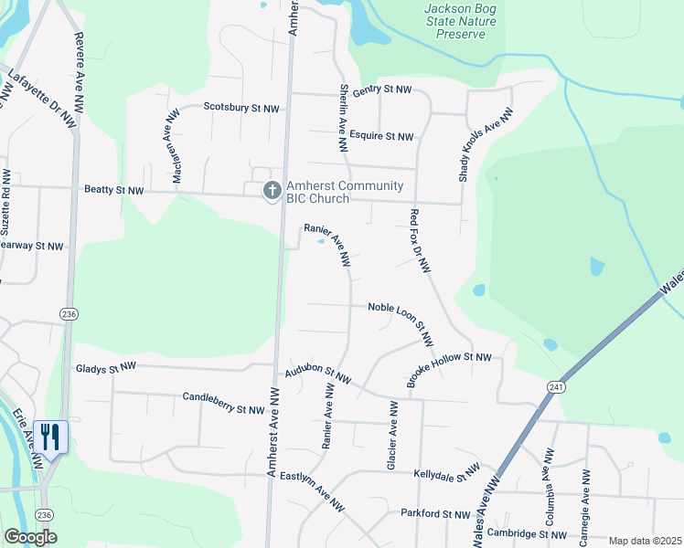 map of restaurants, bars, coffee shops, grocery stores, and more near 4625 Ranier Avenue Northwest in Massillon