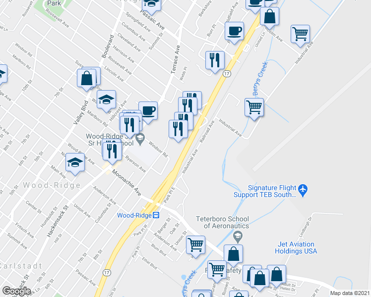 map of restaurants, bars, coffee shops, grocery stores, and more near 260 New Jersey 17 in Wood-Ridge