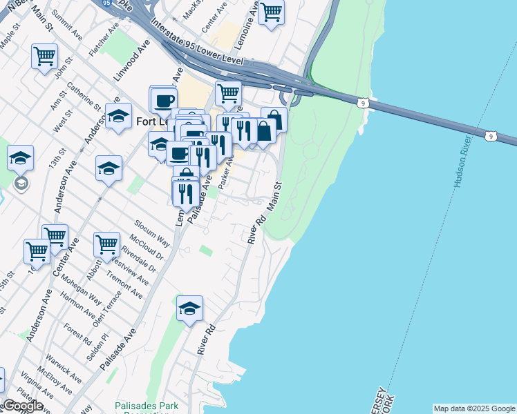 map of restaurants, bars, coffee shops, grocery stores, and more near 100 Old Palisade Road in Fort Lee