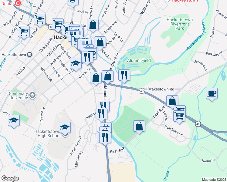 map of restaurants, bars, coffee shops, grocery stores, and more near 104 Water Street in Hackettstown