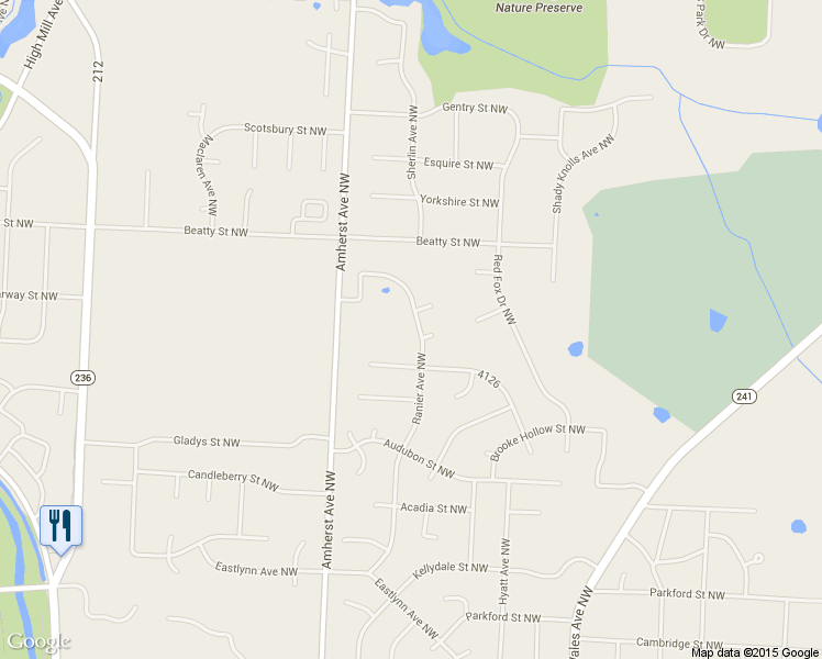 map of restaurants, bars, coffee shops, grocery stores, and more near 4625 Ranier Ave NW in Massillon