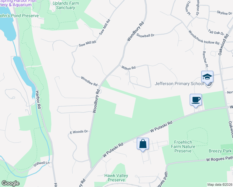 map of restaurants, bars, coffee shops, grocery stores, and more near 474 Woodbury Road in Cold Spring Harbor