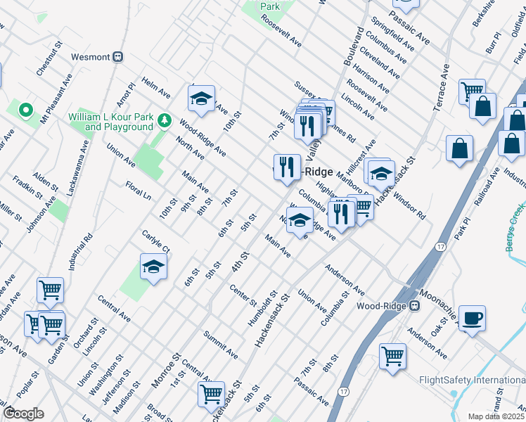 map of restaurants, bars, coffee shops, grocery stores, and more near 152 5th Street in Wood-Ridge